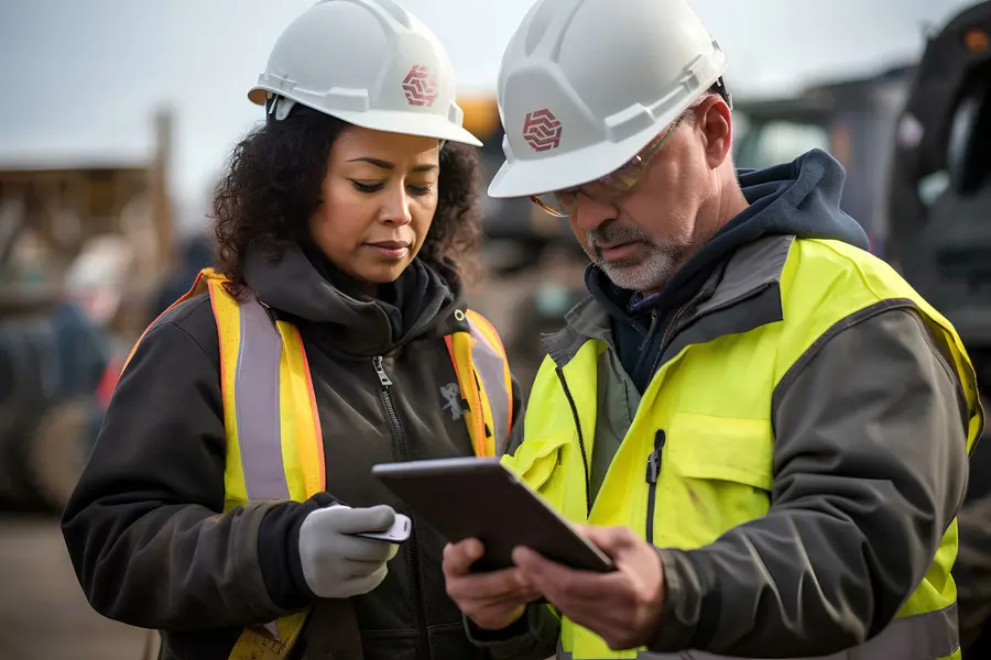 Workers discussing infrastructure project
